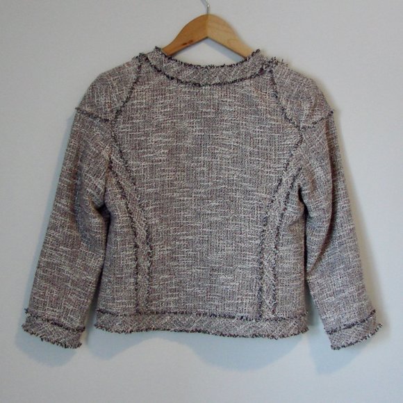 Banana Republic Tweed Linen Blend Jacket Blazer Fringe Collarless Size 4 - Picture 12 of 16